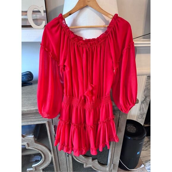Misa Los Angeles Off Shoulder Daria Boho Crimson Red Mini Blouson Dress Size XS - Picture 2 of 12